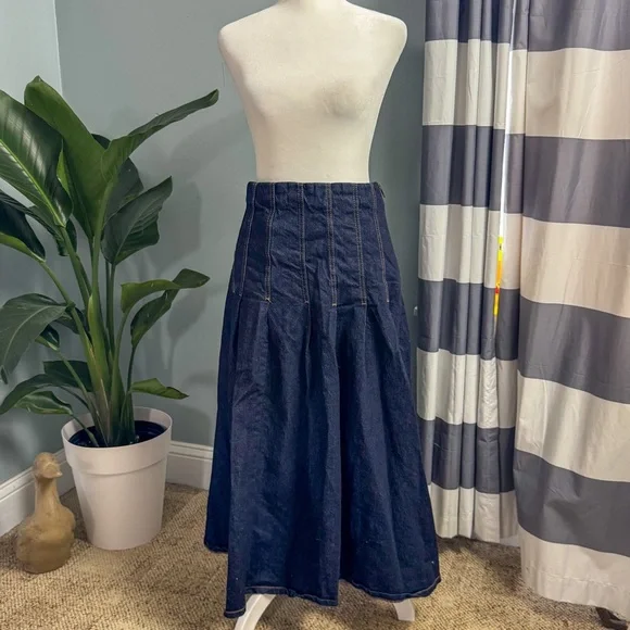 Free Assembly Blue Denim Midi Skirt Size 14 High Waist - Picture 2 of 8
